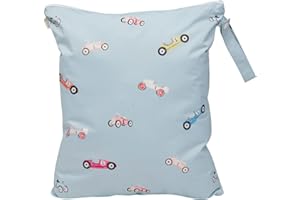 Ali+Oli Water Resistant Dual-Compartment Wet-Dry Bag for Travel, Hook to Stroller, Daycare, Diapers, Diaper Bag, Clutch Bag,15x12 inches (Retro Cars)