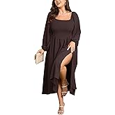 SCOMCHIC Women's Plus Size Fall Dresses Long Sleeve Square Neck Smocked Flowy A-Line Formal Wedding Guest Maxi Dress