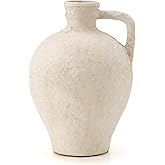 LUKA Ceramic Rustic Farmhouse Vase,8.25 inch Terracotta Vase with Handle,Neutral Clay Pot Vases Decorative Vase for Living Room,Table,Shelf Decor(Off-White,M)