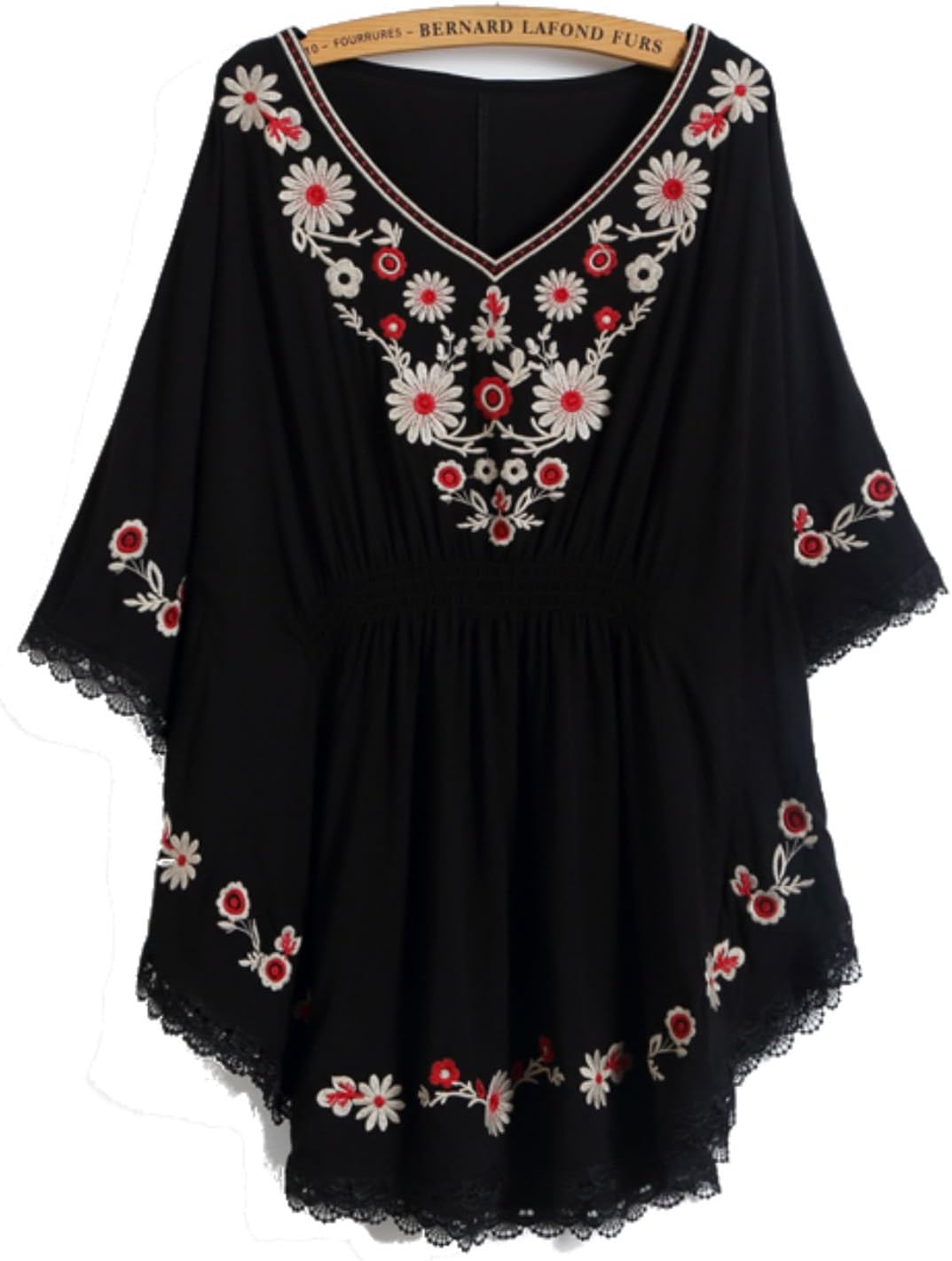 VNAS Women's Embroidered Kaftan Crinkle Peasant Blouse Shirt Plus Size Embroidered Tunic Tops