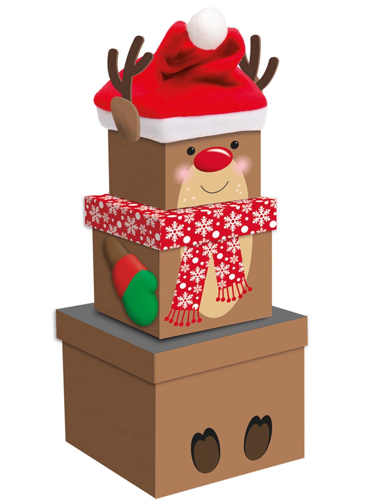 GIFTMAKER Christmas Small 3 Piece Stacking Nested Gift Box Set Reindeer Design