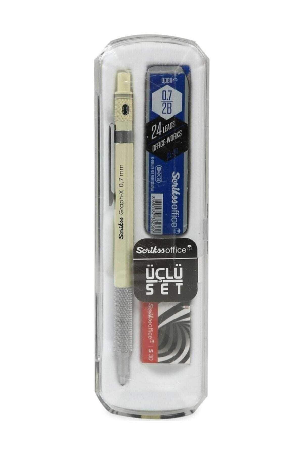SCRIKSS - Mechanical Pencil - Graph-X + Scrikss Tube 2B Pencil Lead + Scrikss Eraser (SILVER, 0.7mm)