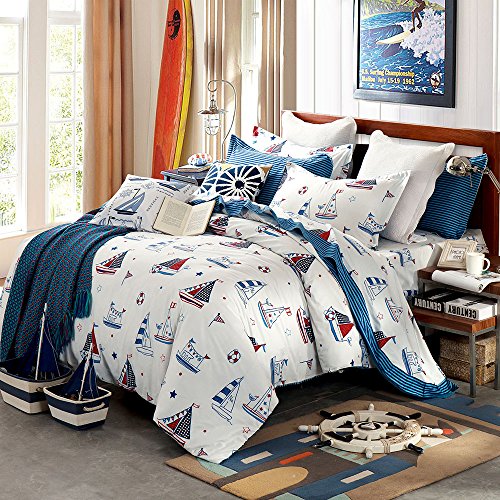 FenDie Sailboat Printed Reversible Teens Bed Cover Set for Boys 100
