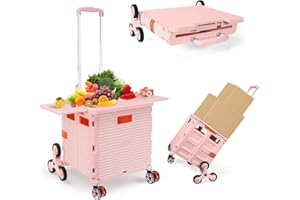 ZIYOU LANG Foldable Utility Cart with Stair Climbing Wheels,Collapsible Rolling Crate with Magnetic Lid Telescopic Cover,Telescoping Handle,360° Rotate Wheel Hand Cart for Teacher Shopping Moving Grocery(Pink)