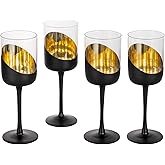 MyGift 14 oz Modern Tilted Matte Black and Gold Tone Plated Round Stemmed Wine Goblet Glasses, Cylindrical Angled Dipped Stemware with Metallic Interior, Set of 4