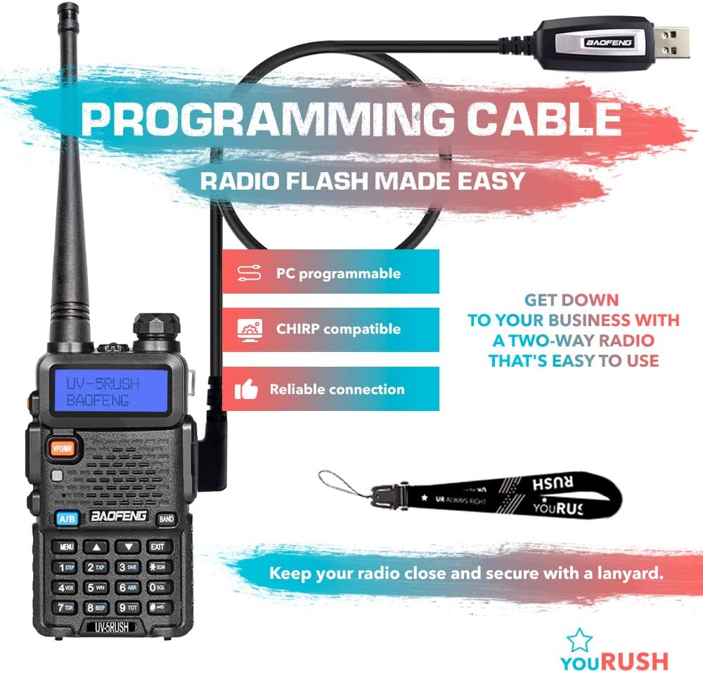 BAOFENG UV-5R 8W Two Way Radio - youRUSH UV-5RUSH Dual Band Radio with Extended BL-5 2800mAh Battery and USB Programming Cable Plus Lanyard - Chirp Support - Portable Ham Radio - Walkie Talkie: Car Electronics