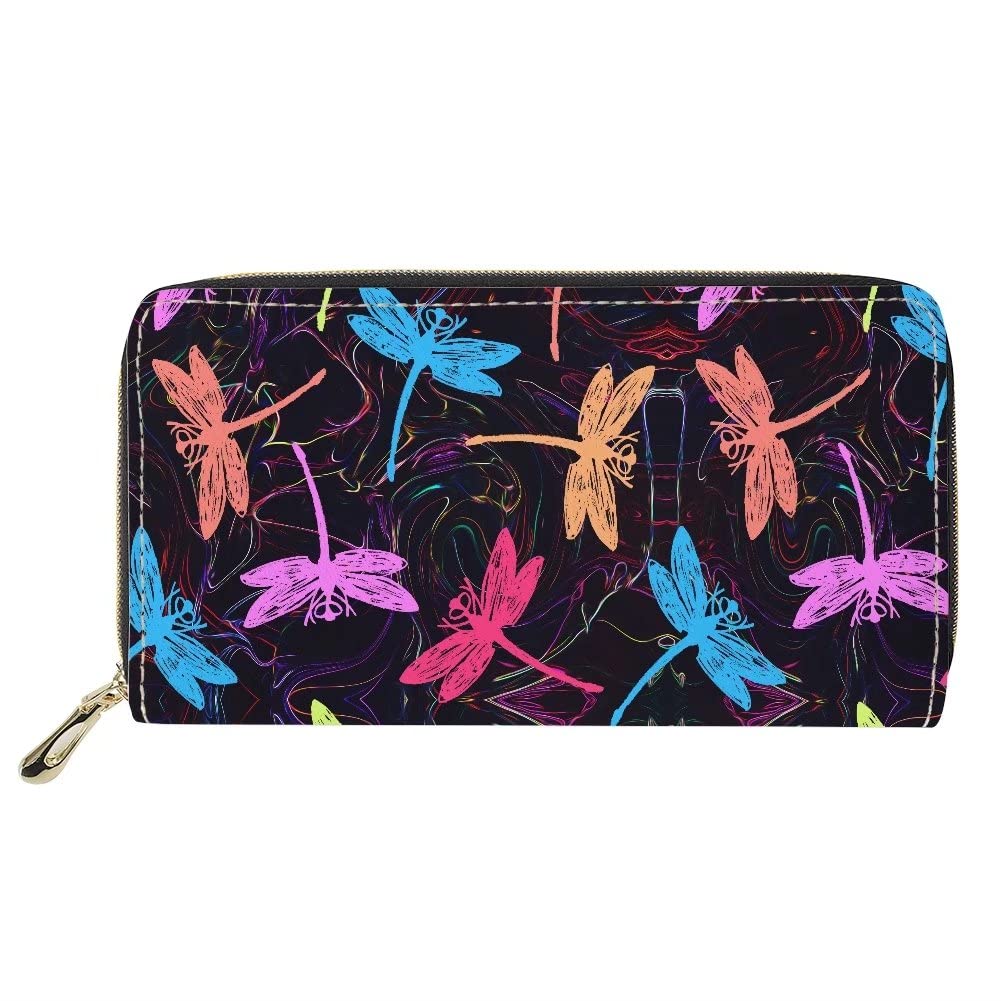 chaqlin Women Wallet with Colorful Dragonfly Printed PU Leather Money Clip Organizer Travel Handbag Large Capacity Money Bags