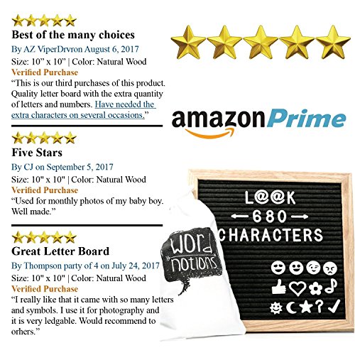 Felt Letter Board | 680 Characters, Letters & Emojis | @, $, ♥,¢, ♪, More | Drawstring Canvas Pouch | 10" x 10" Oak Wood Frame