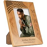 PlaqueMaker Customizable Military My Hero Picture Frame - Includes the Text My Hero and The American Flag - Add your Custom Text to the Bottom of The Wood Frame