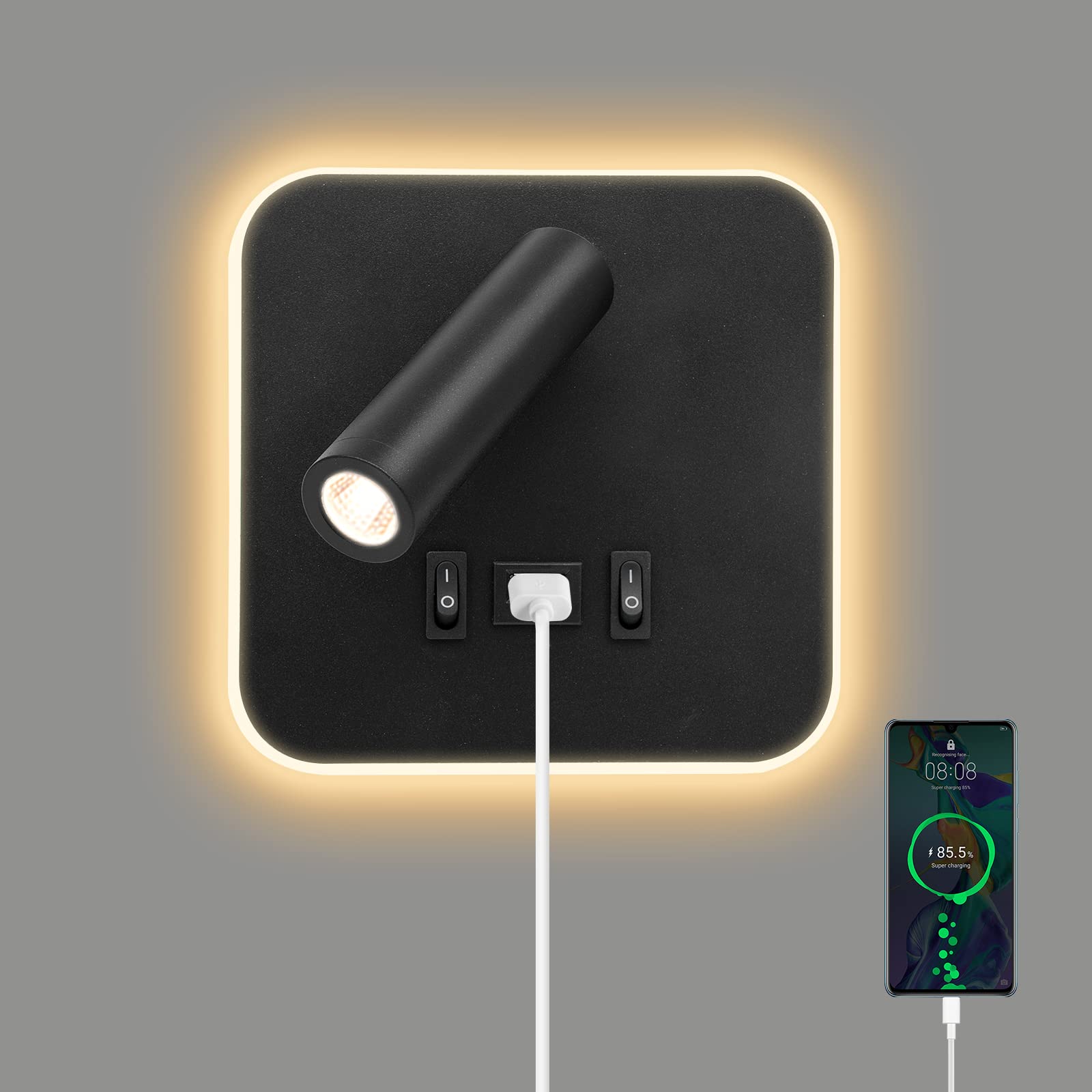 Ntmaichy LED Bedside Wall Light, Wall Mounted Reading Spot Lights with Switch and USB Port, Rotatable Wall Sconce Spotlight for Bedroom, Hallway, Stairs, Hotel, Adjustable 3000K Lighting, 3W+9W LED