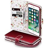 iPhone 7 Plus Case - Terrapin iPhone 7 Plus Wallet - Beautiful Floral Women's Case Folio Flip - Card Slots - Money Pocket - Wristlet - Red with Cute Floral Interior