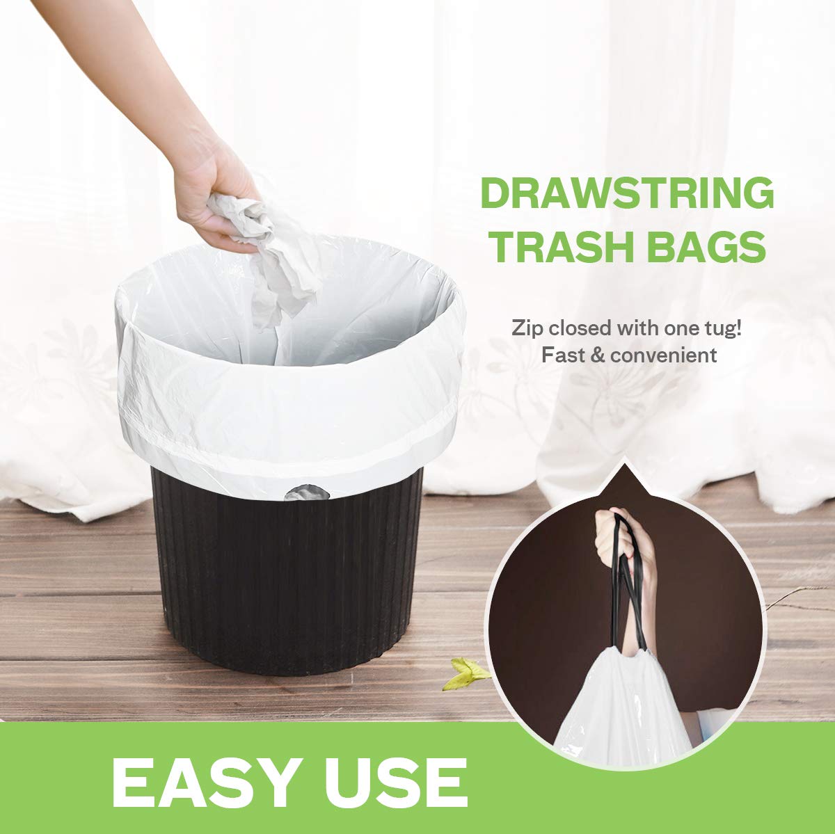 4 Gallon 160 Counts Strong Drawstring Trash Bags Garbage Bags by Teivio, Bathroom Trash Can Liners fit 12-15 Liter Trasn Bin, Small Plastic Bags for home office kitchen, White Wastebasket Liners