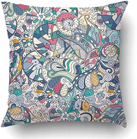 BorisMotley Tracery Calming Mehendi Ethnic Colorful Doodle Indifferent Discreet Curved 18 x 18 Inch Square With Hidden Zipper Polyester Home Sofa Cushion Decorative Pillowcase