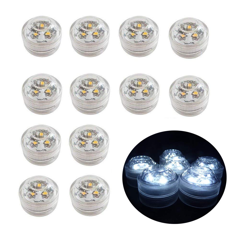 JRQ 12pcs LED Submersible Flame LED Candles Battery Operated Tea Lights Party Submersible for Aquarium, Vase Base, Pond, Pool Floor, Bathroom, Party Decorations Cool White