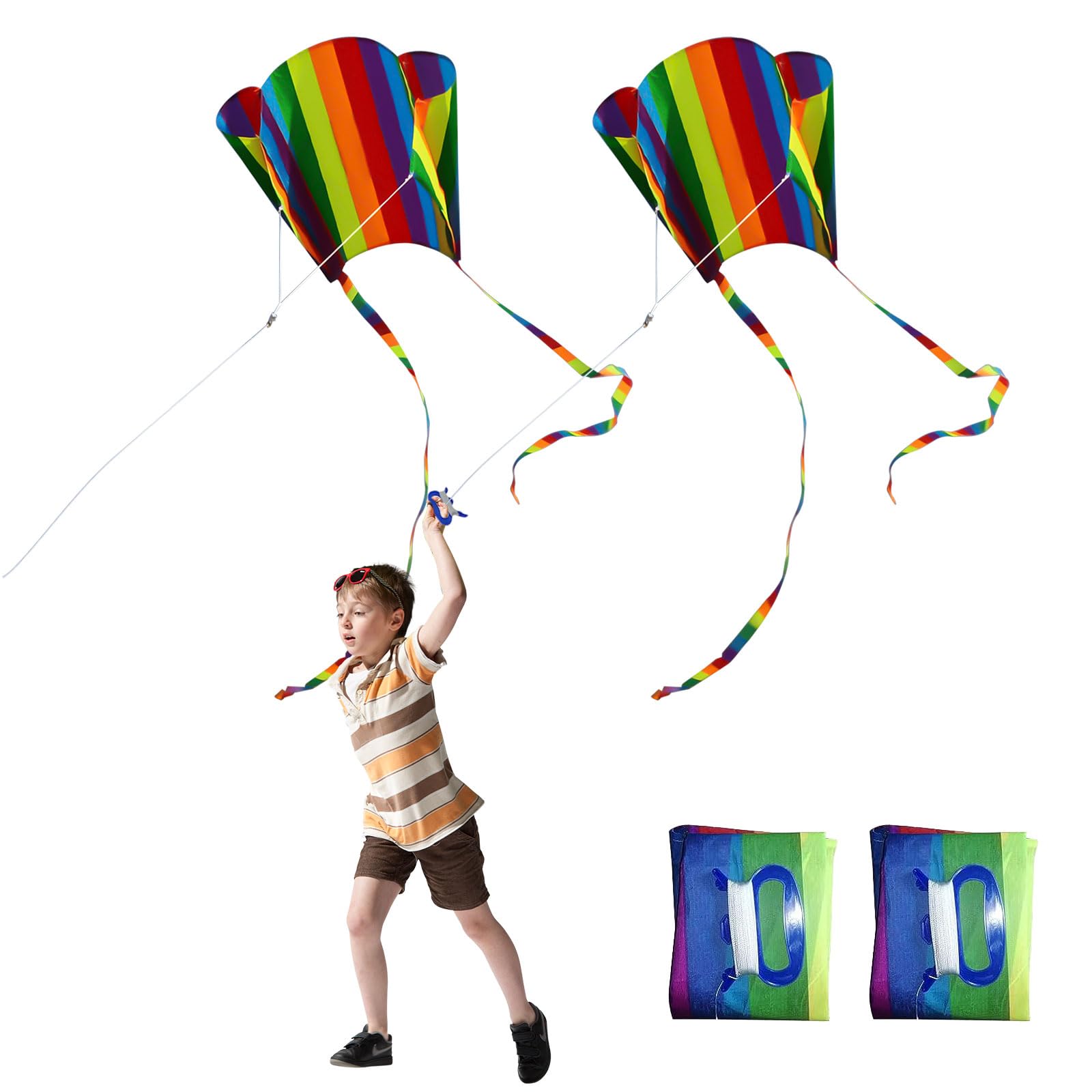 SKHAOVS 2 Pieces Pocket Kite Rainbow Kite Colorful Kite with Long Tail, Easy Flyer Beach Game Outdoor Activities for Beginner (Colorful)