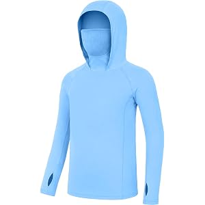 Roadbox Boys Hooded Fishing Shirt UPF 50+, Kids Long Sleeve Rash Guard Hoodie, Youth Sun Protection Swim Shirts with Mask
