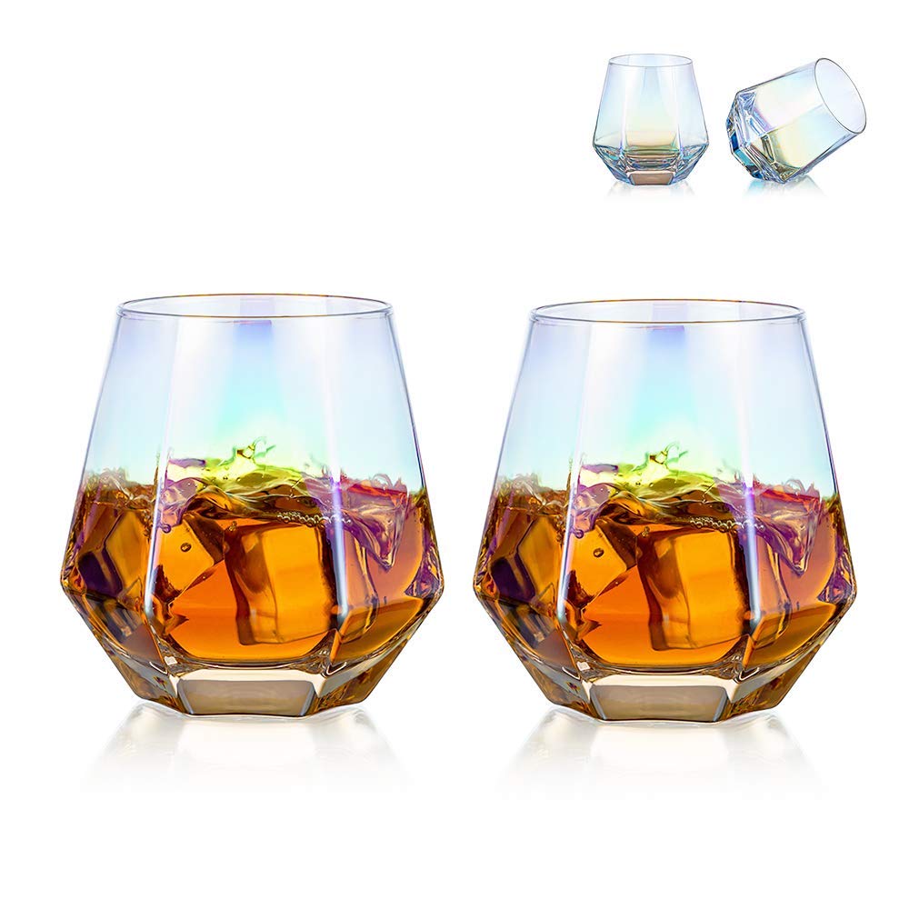 Diamond Whiskey Glasses Set of 2 Water Juice Tumbler Tilted Scotch Glass 300ml Whisky Glass Modern Look Glassware for Bourbon/Rum/Bar Tumbler