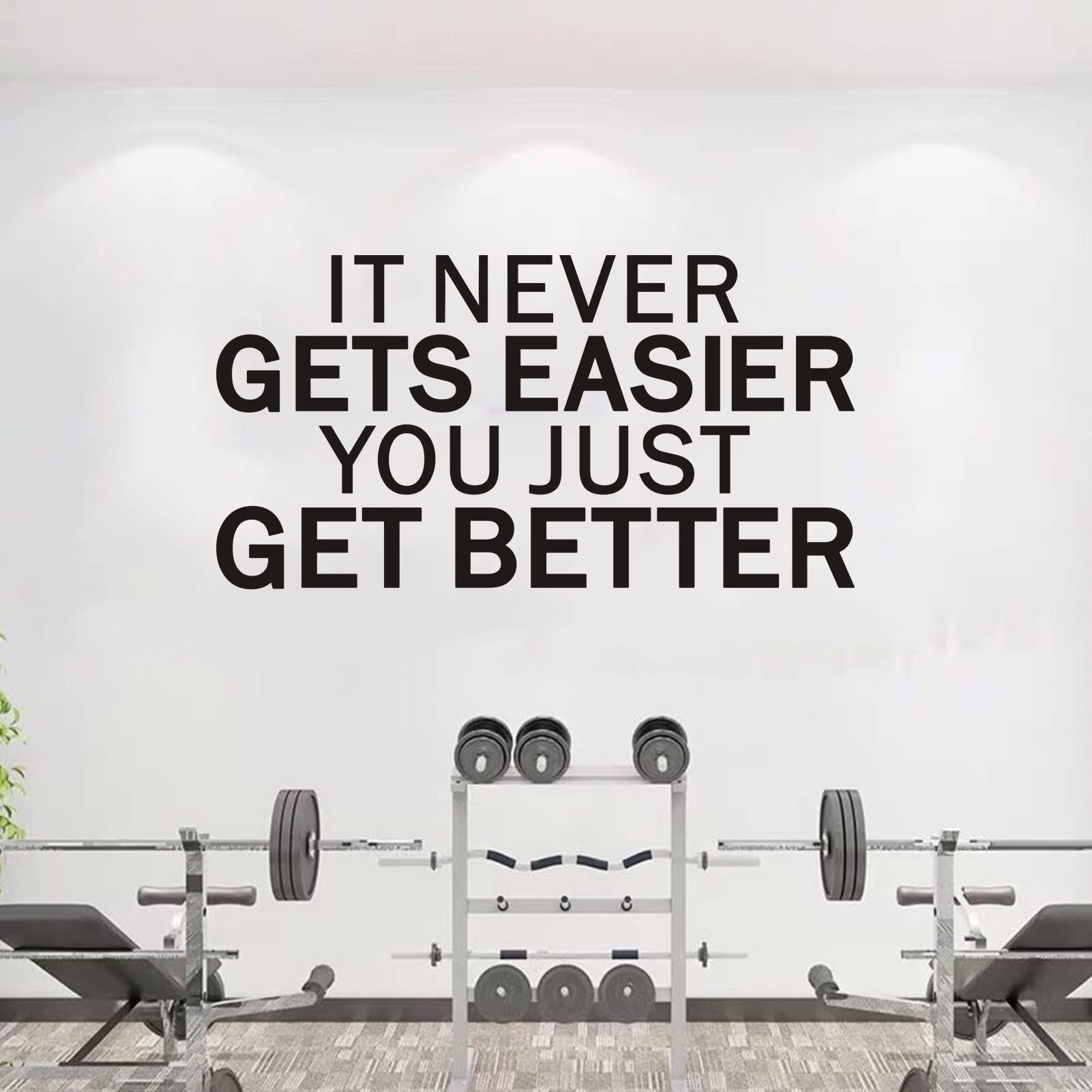 VODOE Large It Never Gets Easier You Just Get Better Wall Decals Motivational Gym Wall Stickers Inspirational Quotes Wall Art Decals Vinyl Yoga Exercise Sports Positive Garage Wall Decor Big 28.6"X15"