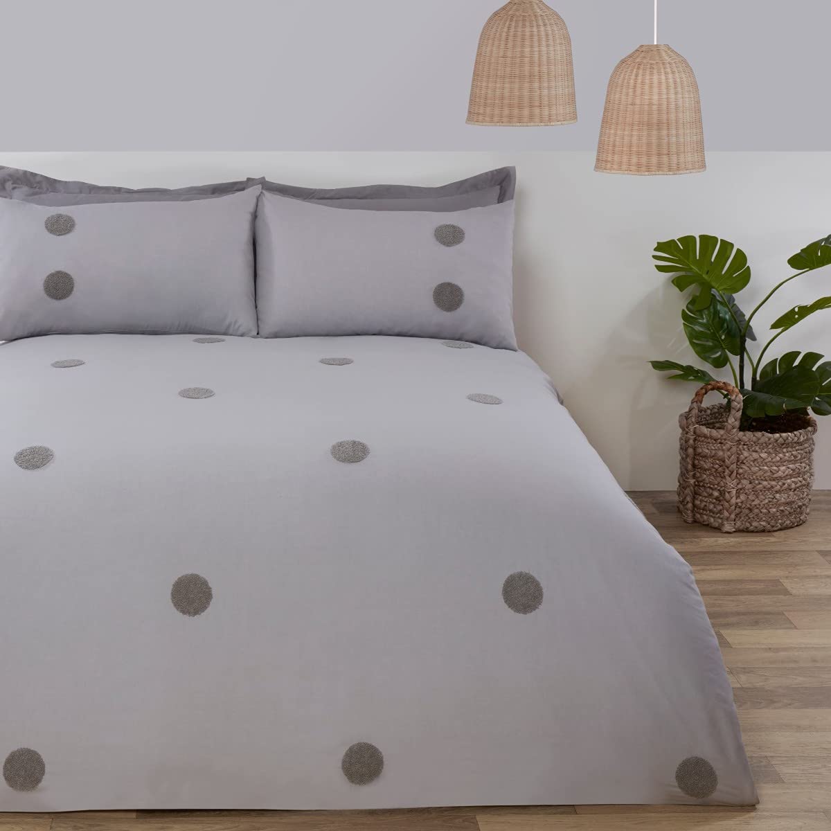 Sleepdown Embroidered Tufted Polka Dot Circles Grey Luxury Soft Cosy Easy Care Duvet Cover Quilt Bedding Set with Pillowcases - King (230cm x 220cm), 5056242836070