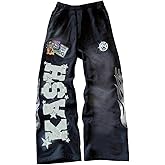 VIPWOLF Men's Wide Leg Baggy Sweatpants Letter Graphic Distressed Drawstring Jogging Pants