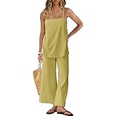 KCVVA Linen Sets For Women 2 Piece Summer Travel Vacation Outfits Spaghetti Strap Tank Top And Pants Beach Sexy Lounge