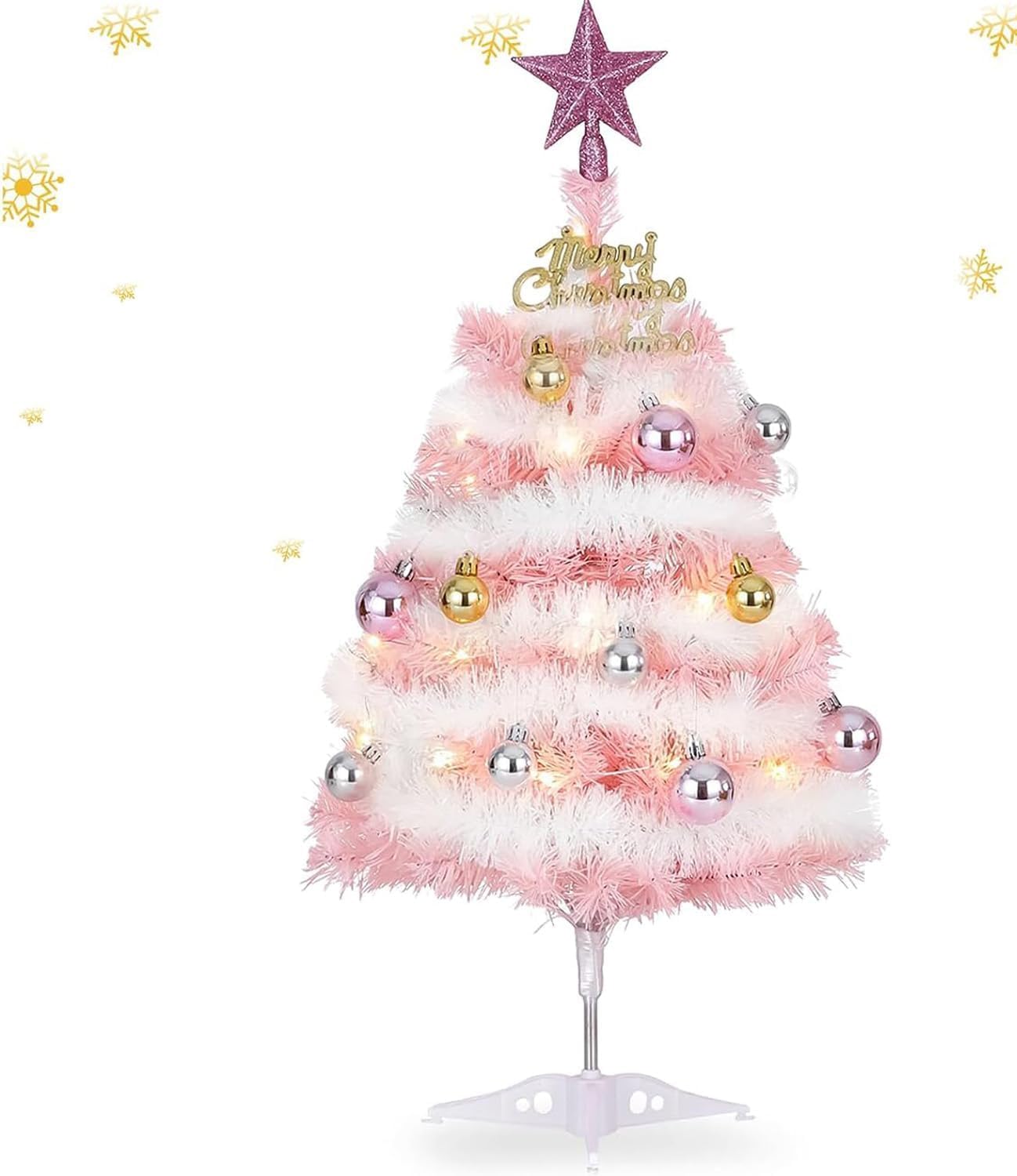 Photo 1 of Small Pink Christmas Tree, 2ft Mini Christmas Tree, Artificial Small Desktop Xmas Tree with Lights and Tree Ornaments, for Christmas Thanksgiving Decorations