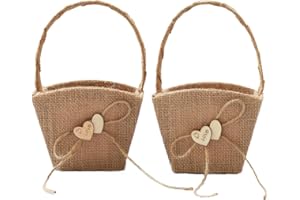 ATAILOVE 2PCS Burlap Wedding Flower Girl Basket Double Love Heart and Bowknot for Vintage Rustic Wedding