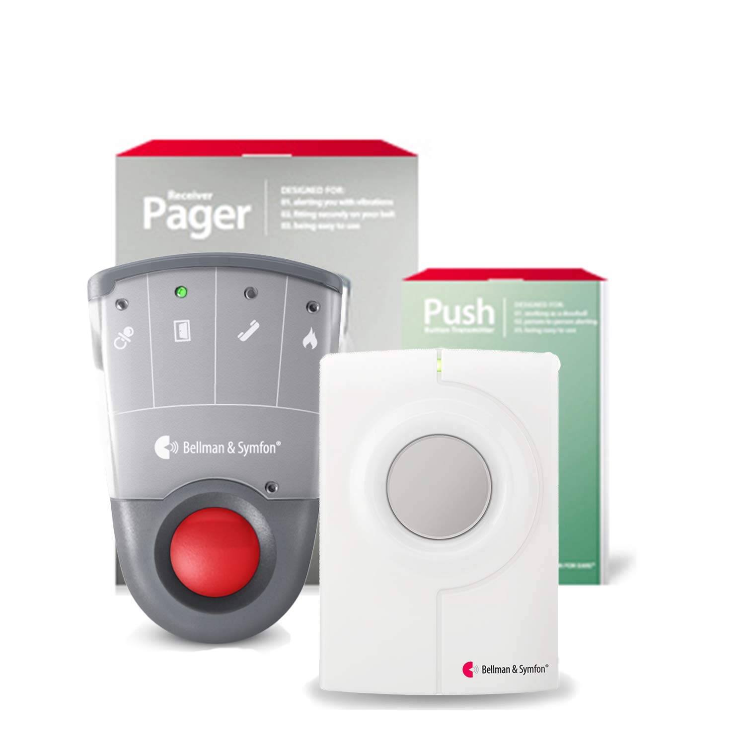 Bellman & Symfon Push Button Notification Alert - Pager Receiver with Vibration – Smart Home Deaf Alert System Hearing Impaired Alarm Device - Home Safety Wireless Doorbell / Portable Caregiver Button