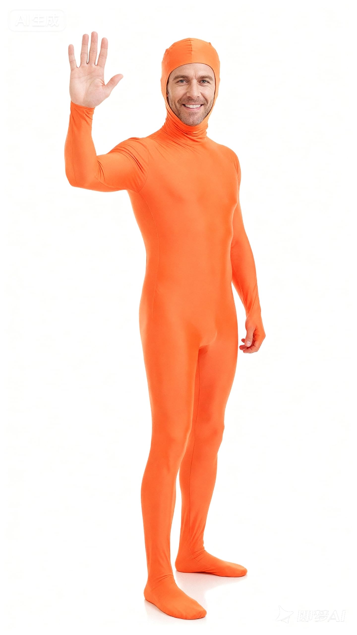 Photo 1 of *RIPPED** casapre Full Body Zentai Costume, Spandex Bodysuit with Back Zipper, Open Face Design, Green and Orange Colors, Halloween Cosplay (Orange, Large)