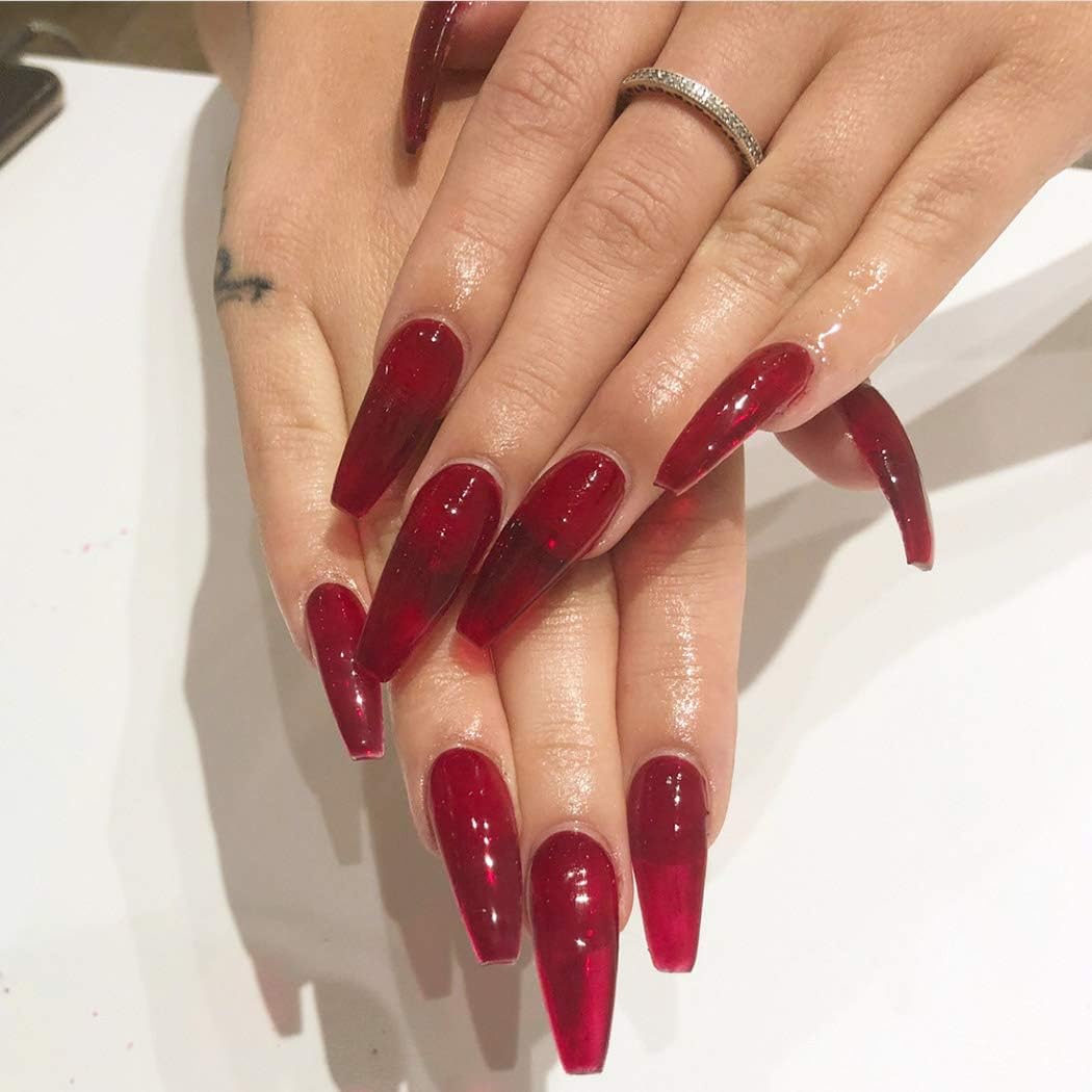 Sethexy 24pcs Solid Color Glossy Ballerina False Nails Bright Fashion Coffin Full Cover Long Acrylic Fake Nails for…
