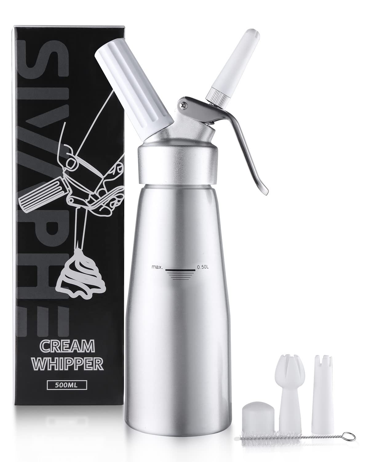 Sivaphe Cream Dispenser Whipped Cream Siphon Aluminum for Home Party Dessert 500ML with Cleaning Brush, 3 Decorating Nozzles for Men, Women