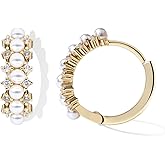 Dainty Gold Pearl Hoop Earrings - 14K Gold Plated, Hypoallergenic Ear Cuff for Women - Lightweight Cubic Zirconia, Small Huggie Earrings for Women