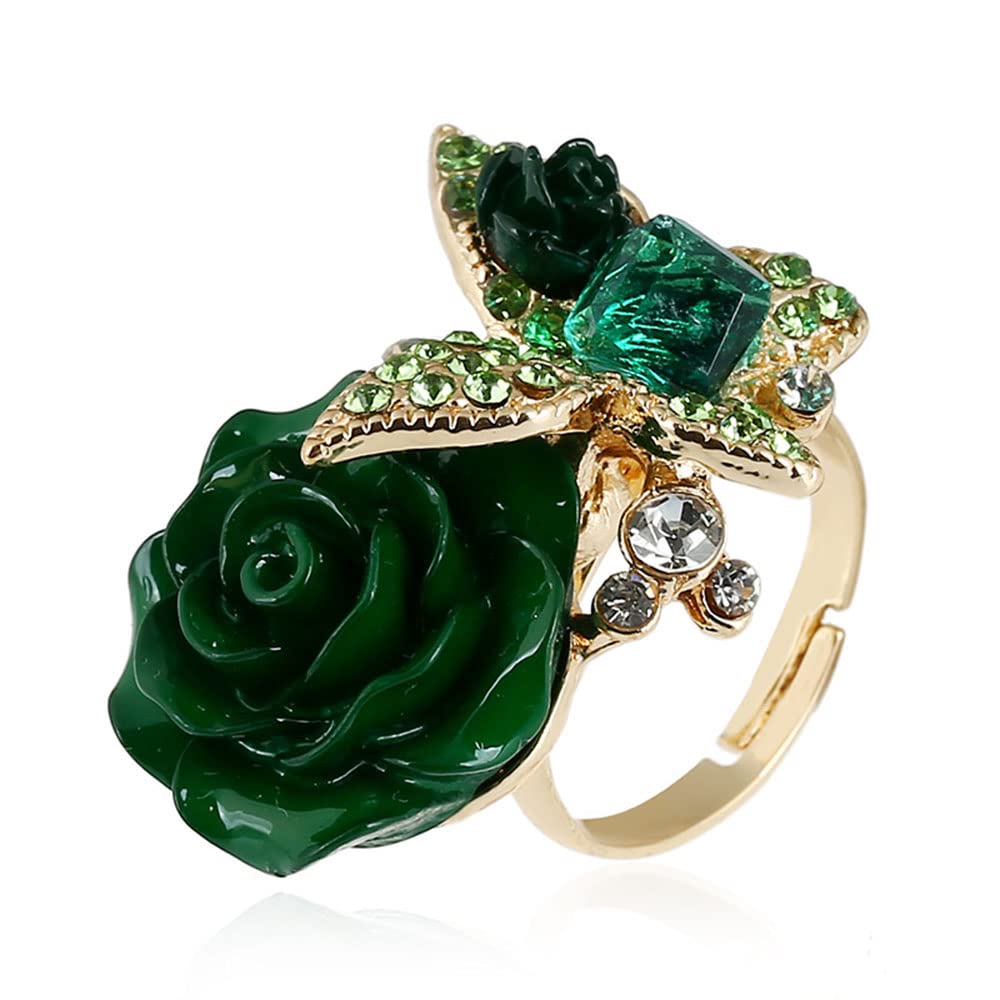 CZ Butterfly Flower Wedding Ring for Women Girls Statement Engagement Rectangle Rhinstone Aryclic Rose Adjustable Open Wrap Finger Rings Comfort Fit Cocktail Party Vintagage Jewelry Gift (Green)
