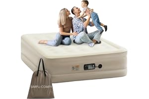 Simpli Comfy Inflatable 18” Queen Air Mattress with Built in Pump Self Inflating Blow Up Durable Heavy Duty Stay Firm Comfortable Air Bed Elevated for Home Guest Travel Relocate Camping
