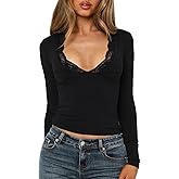 Womens Going Out Tops Lace V Neck Long Sleeve Y2K Crop Slim Fitted T Shirts