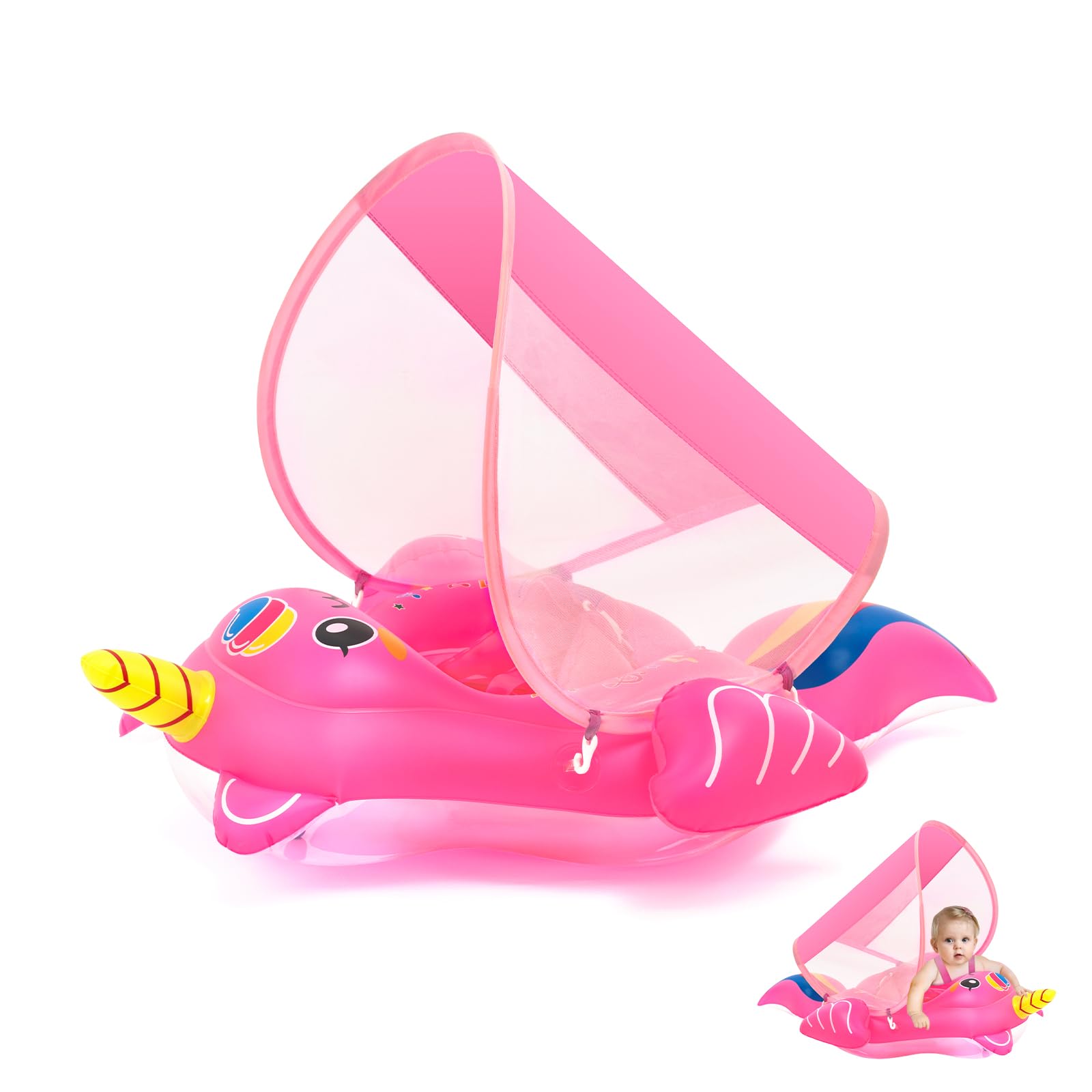 Unicorn Inflatable Baby Float with Canopy, Hot Pink Baby Pool Float for Babies Girls Newborn Toddlers - Adjustable Safety Seat, UPF 50+ Sun, Pool Swimming Float for 12-24 Months ﻿