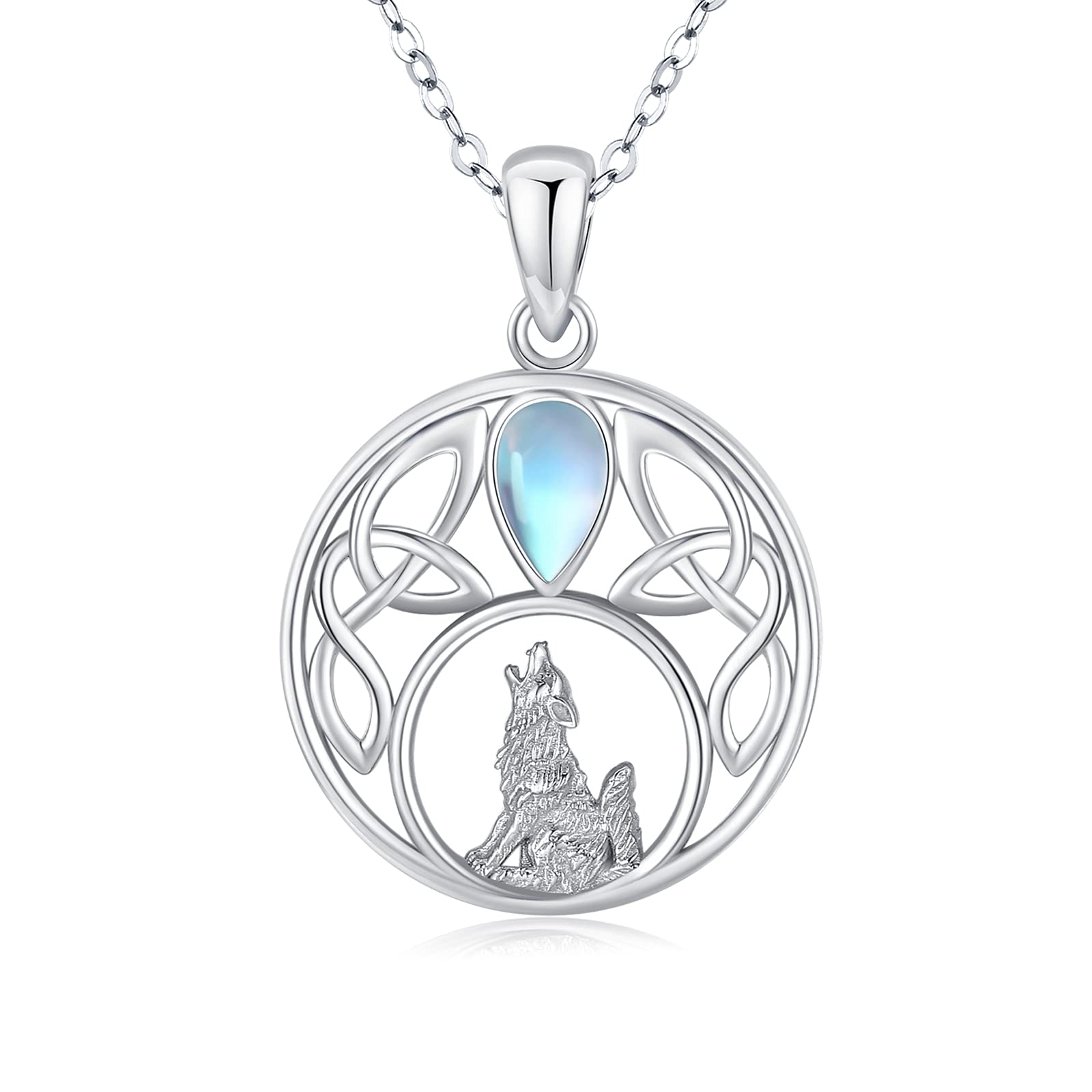 Wolf Necklace 925 Sterling Silver Crescent Moon Moonstone Necklace Celtic Knot Teen Wolf Necklace Jewellery Gifts for Girls Women (Celtic Knot Wolf)