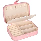 Hatori Travel Jewelry Box, PU Leather Small Jewelry Organizer for Women Girls, Portable Mini Travel Case Display Storage Holder Boxes for Stud Earrings, Rings, Necklaces, Bracelets (Pink Beige)