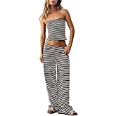 Dokuritu Two Piece Sets for Women Summer Sleeveless Outfits Lounge Sets Striped Tube Top and Wide Leg Pants Beach Vacation