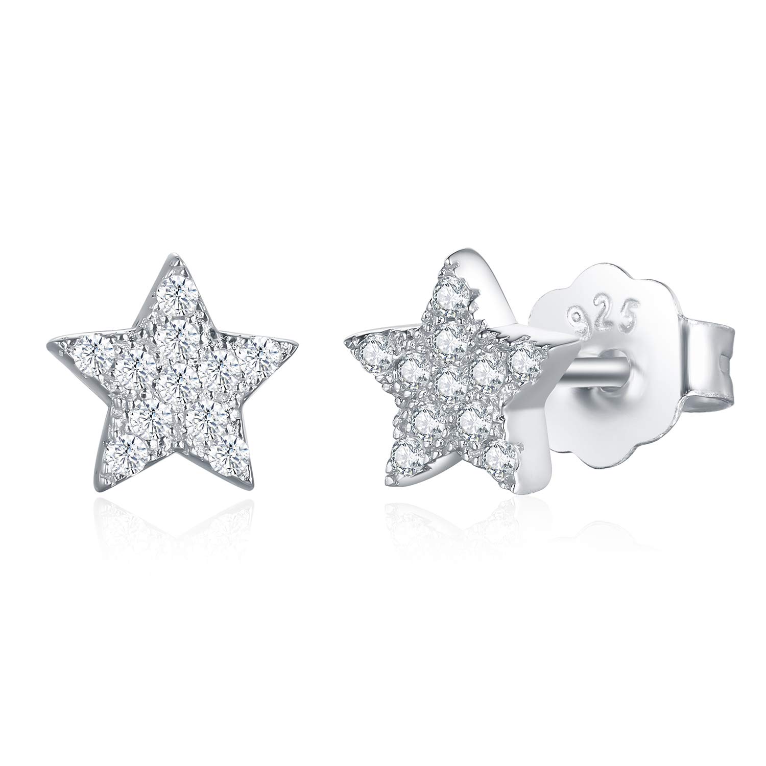 925 Sterling Silver Stud Earrings, BoRuo Crescent Moon, Star, Sun High Polish Tarnish Resistant Earrings, white-gold-plated-silver, Cubic Zirconia