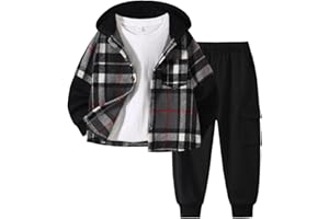 Fdqin 2Pcs Kids Boys Flannel Plaid Shirt Tops Pants Set Hoodie Sweatsuit for Fall Winter Spring Outfits 4-12 Years