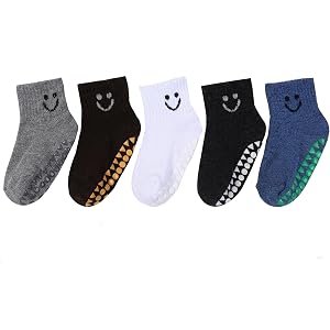 Nanmuir Boys Girls Non-Slip Grip Socks with Smiley Face, Toddler Solid Color Anti Skid Funny Ankle Socks