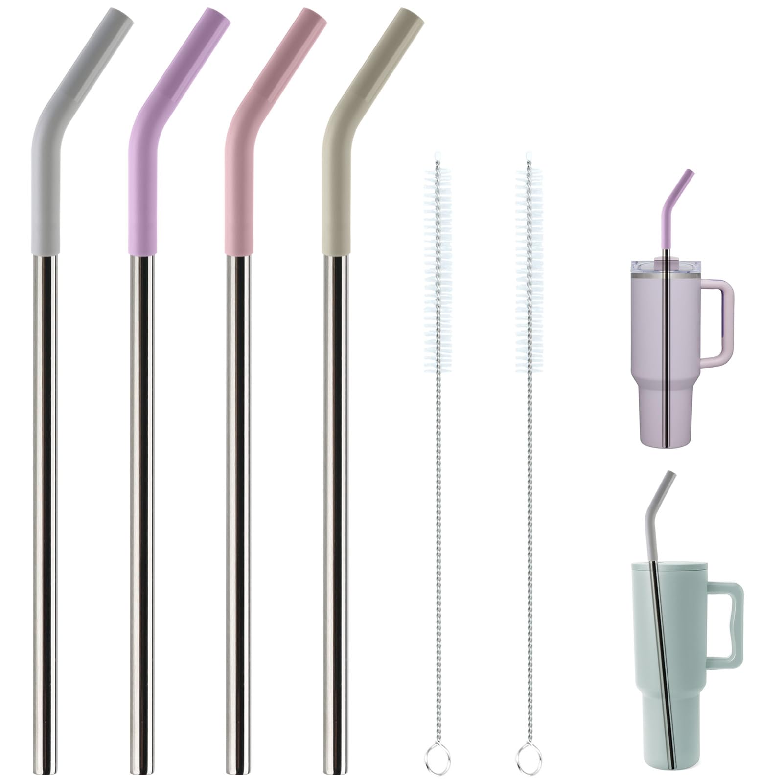 Photo 1 of Replacement Straws for 40oz Tumblers,Metal Straws Reusable Compatible with Stanley 40oz Cup, 40 oz Tumbler Straw,4 Pack 12" Extra Long Stainless Steel Straws with Silicone Tips and Cleaner Brush