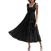 HEEKPEK Womens Summer Midi Dresses 2025 Flowy Tulle Sleeveless Smocked Square Neck Ruffle Tiered Sundress Wedding Guest Party