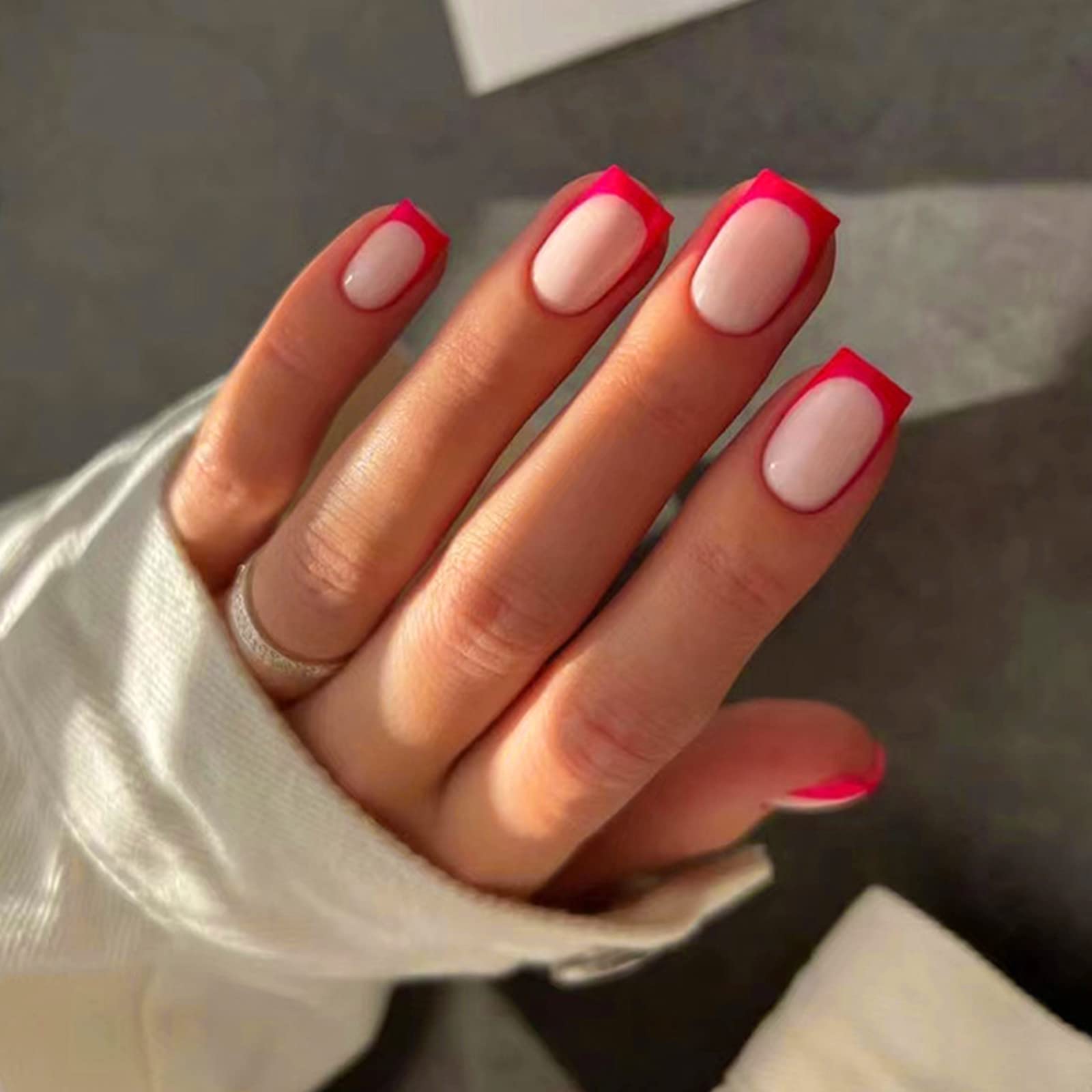 Press on Nail Short Square, 24Pcs Nude Red French Tips False Nails, Acrylic Full Cover Nails with Design, Artificial Stick on Nails for Women and Girls Nail Art Manicure Decoration