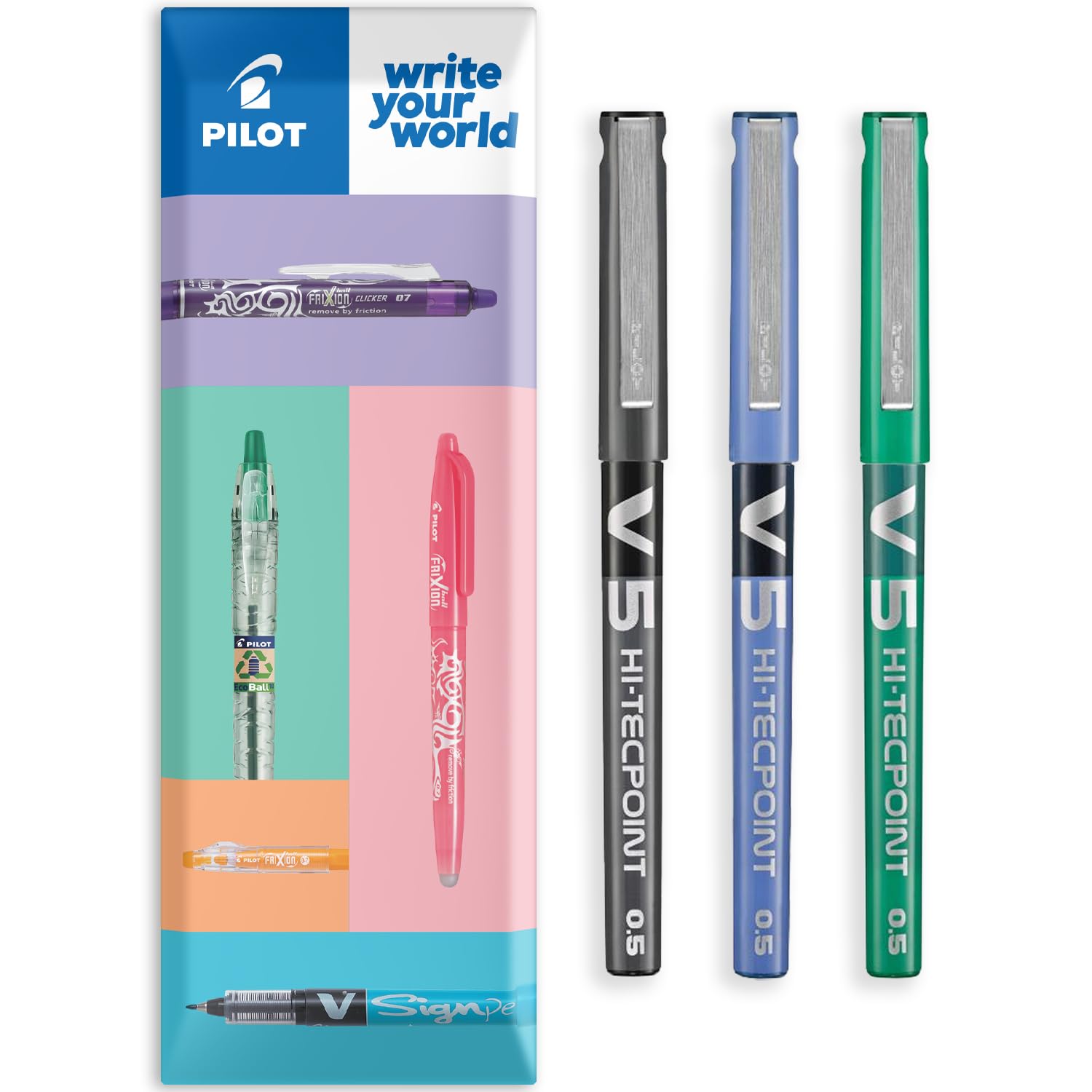 PILOT V5 Hi-Tecpoint Rollerball Pen - Fine 0.5mm Nib Tip - 0.3mm Line Width - Teacher's Pack of 3 - In Envelope Gift Packaging - Black, Blue & Green Set