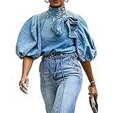 JUMPICK Womens Denim Shirt Button Down Mock Neck Jean Blouse Puff Sleeve Bow Tie Casual Blouses Tops