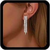 Allereyae Vintage Rhinestone Tassel Earrings Silver Tennis Chain Earrings Crystal Chandelier Drop Earring Sparkly Prom Dangle Earring Cz Liner Dangle Jewelry for Women