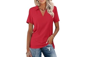 TICTICMISS Women's Polo Shirts Short Sleeve V Neck Summer Tops Business Casual Collared Shirts Loose Tees