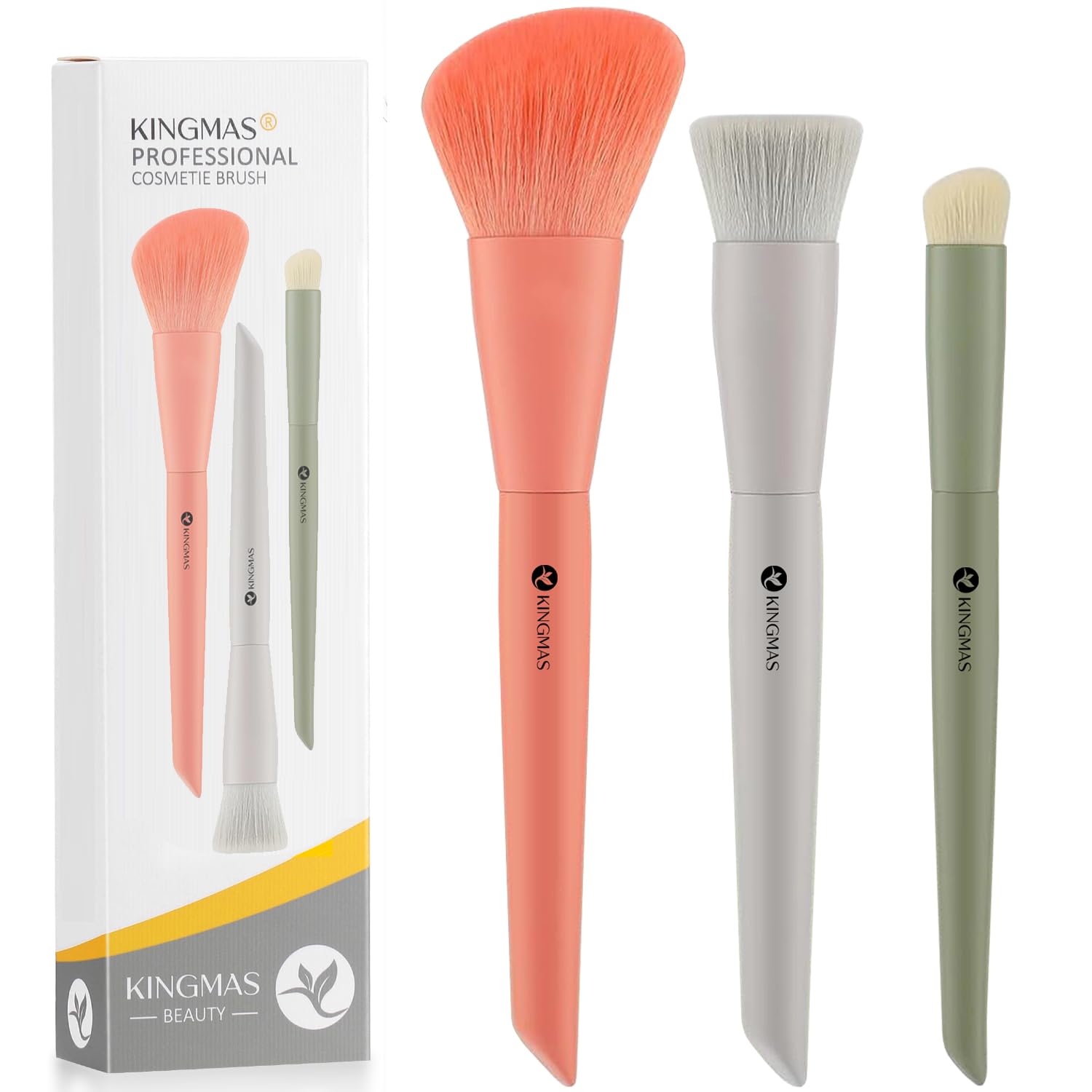 KINGMAS 3Pcs Foundation Brush & Contour Concealer Brush Under Eye & Blusher Brush Kabuki Makeup Brushes for Face Blush Bronzer Travel Buffing Stippling Contour Liquid Blending Makeup Brush set